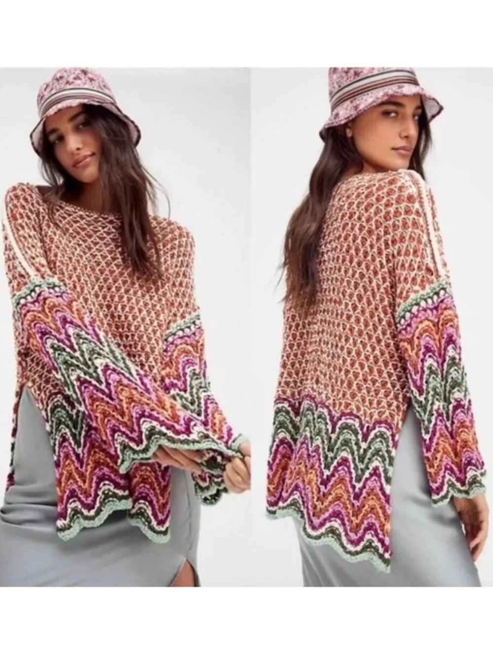 Free People Multicolor Chevron Knit Sweater - Pink, Orange, Green